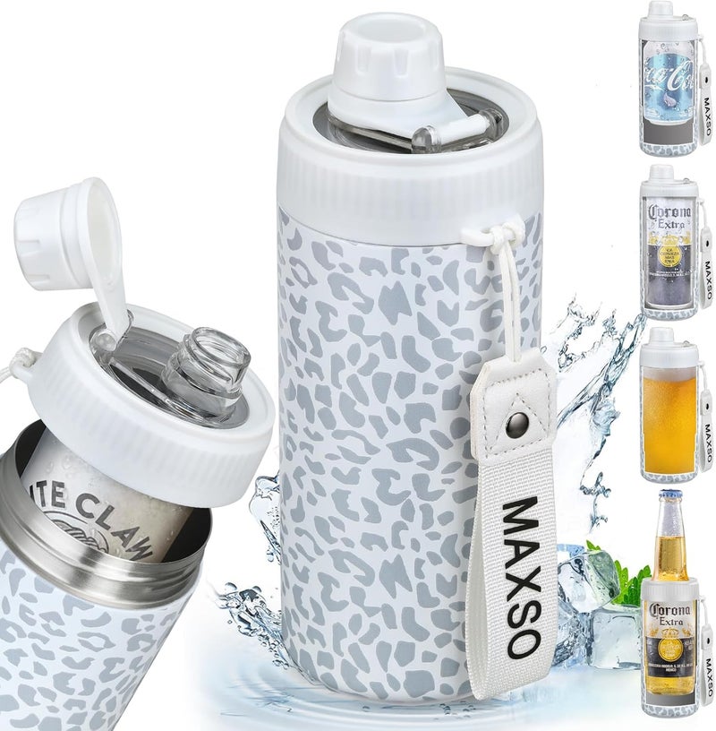 Max&So Sealed Can Cooler Fizz Lid Can Cover for 12 oz Regular, Slim Skinny Cans & As Thermal Bottle, 4-in-1 Insulated Vacuum Stainless Steel Carbonated Cold Drink Holder - Leopard - Image 1